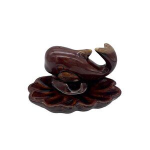Vintage Whale Ceramic Ashtray / Trinket Dish Brown Dripware Figural Pottery